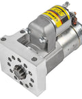 Plug And Play No Sweat Electric Starter For Chevy Small Block Big Block V6 Motors With 168 Tooth Flywheel Direct Fit Straight Bolt Layout 6 To 1 Ratio Natural Finish showing the gear reduction and mounting plate.
