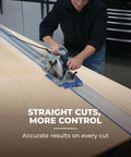Pro Level Circular Saw Track Extension Adds 50 Inches Slick Guide Rail used for precise cuts on a plywood sheet with circular saw.