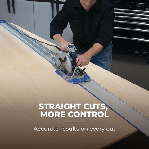 Pro Level Circular Saw Track Extension Adds 50 Inches Slick Guide Rail used for precise cuts on a plywood sheet with circular saw.