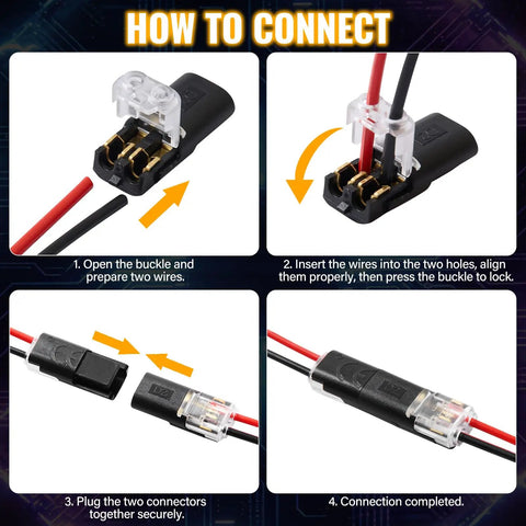 50 Pcs D2 Quick Connect Wire Connectors for LED Strip Lights two pin with locking buckle and no tools needed guide