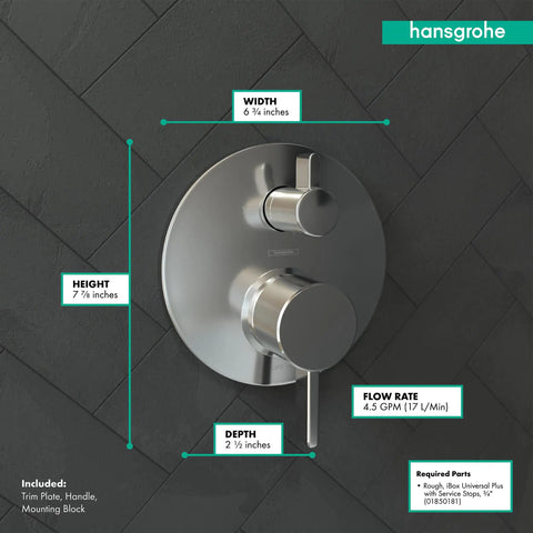 Modern Pressure Balance Shower Valve Trim With Diverter In Chrome For Duo Outlets Concealed showing dimensions on tiled wall