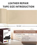 Leather Repair Patch Tape Light Beige Self Adhesive 3 x 61 Inches Kit, shown with dimensions and packaging on display.