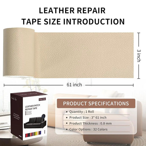 Leather Repair Patch Tape Light Beige Self Adhesive 3 x 61 Inches Kit, shown with dimensions and packaging on display.