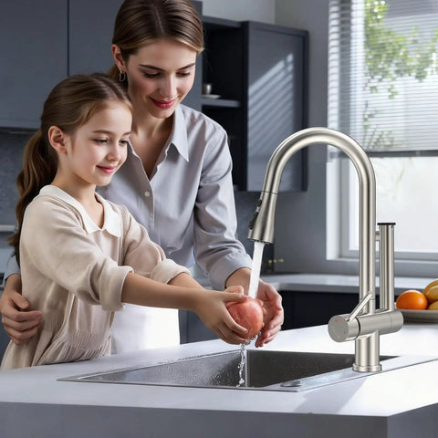 Premium Brushed Nickel Pull Down Kitchen Faucet With Built In Water Filter and Activated Carbon Ultrafiltration Spray Head Yields Crystal Pure Drinking Water in use by a mother and daughter.