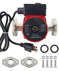Heavy Duty Stainless Steel 3 Speed Hot Water Circulator Pump with accessories and wiring for easy installation.