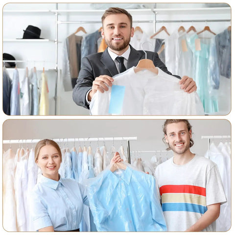 Clear plastic garment bags for hanging clothes 90 pack heavy duty breathable PEVA dry cleaning bags 24x35 inches on display