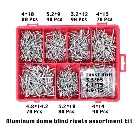 Aluminum dome blind rivets assortment kit with 570 pieces and 3 twist drill bits in red case