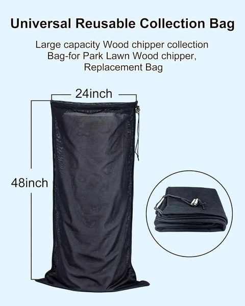 Universal Fit Wood Chipper Debris Bag For Tazz GreatCircle Landworks SuperHandy Earthquake Chippers 24 By 48 Inch Heavy Duty Polyester Nylon Mesh Debris Bag For Leaf And Wood Shredder, showing the full bag with measurements and folded bag detail.