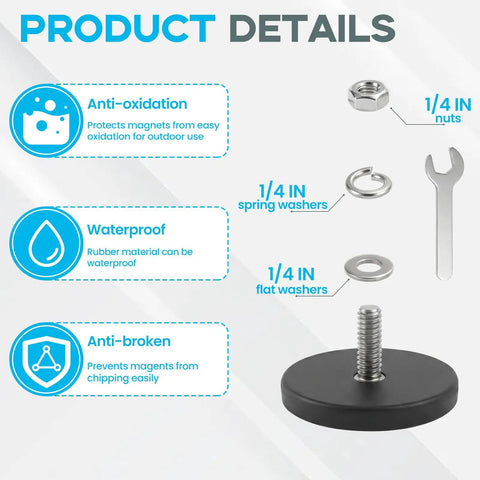 All In One 30 Pack Rubber Coated Magnets With Quarter Inch Bolts Washers And Nuts 30 Lb Each Heavy Duty Mounting Kit For Home Garage Workshop Built To Last Neodymium Magnetic Mounting Hardware For Multiple Points, 1/4 in hardware details