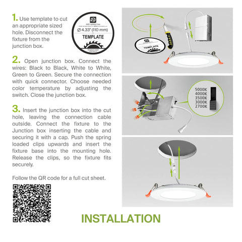 Installation guide for 12 Inch LED Recessed Canless Wafer Downlight Dimmable 24W With Five Color Temperatures showing connection steps.