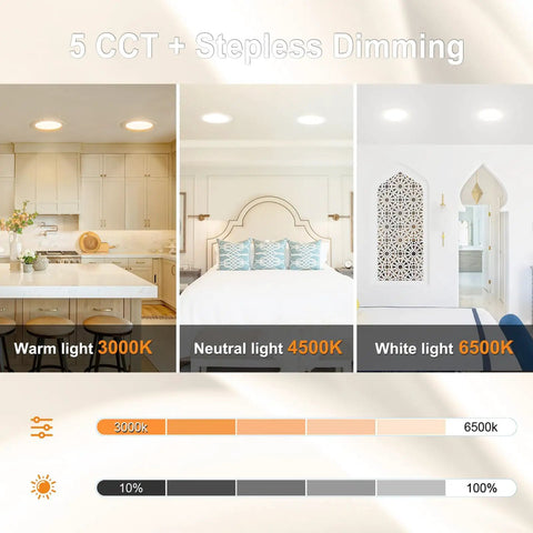 VOLISUN 8 Pack 7 inch Recessed Lighting, 5CCT, 2700K-5000K Selectable shown in three color temperatures in modern rooms.