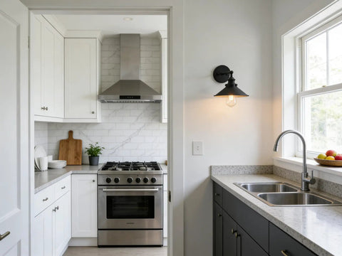 Black Industrial Wall Sconce With 8.1 Inch Metal Shade Vintage Retro Vibe 1 Light Wall Lamp in a modern kitchen setting