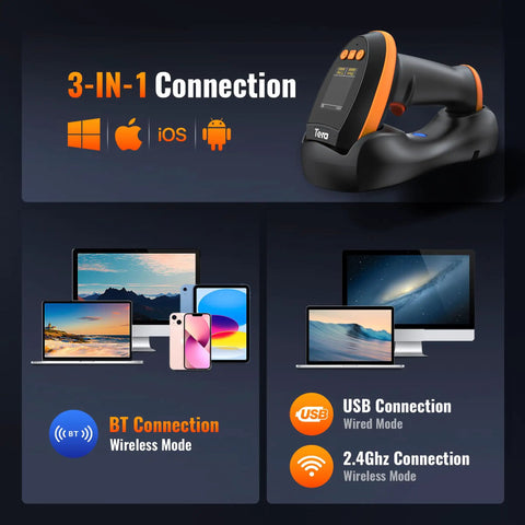 Wireless Barcode Scanner With Screen Pro Version 1D 2D QR Handheld Reader Works With Bluetooth 2 4G USB Wired displayed with devices