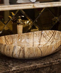 Top Shelf Rectangular Vessel Sink For Above Counter Bathroom Vanity Setup Modern Boat Shaped Washbasin in natural stone finish.