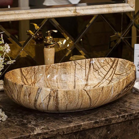 Top Shelf Rectangular Vessel Sink For Above Counter Bathroom Vanity Setup Modern Boat Shaped Washbasin in natural stone finish.