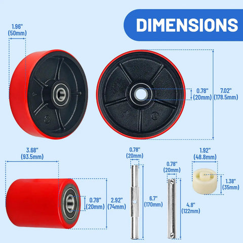 Heavy Duty Pallet Jack Wheels Replacement Kit With Pair Of Seven Inch Steering And Three Inch Load Rollers Red Polyurethane Finish Includes All Necessary Axles And Installation Tools To Knock Out Worn Parts And Get Your Rig Rolling Smooth Again