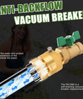 Replacement Self-Draining Vacuum Breaker for Hose Bib Backflow Prevention, brass with green handle, showing water flow arrows