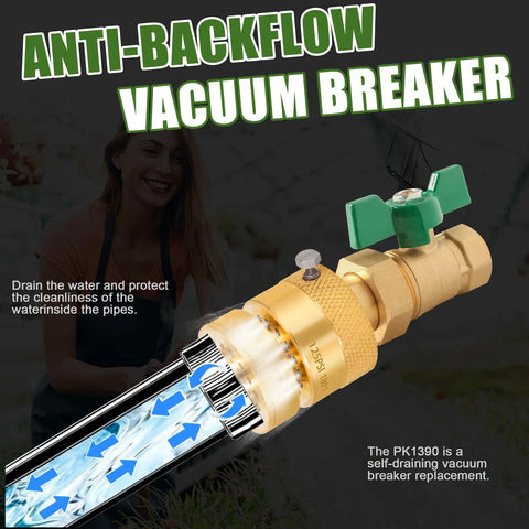 Replacement Self-Draining Vacuum Breaker for Hose Bib Backflow Prevention, brass with green handle, showing water flow arrows