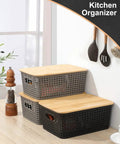 Top Tier Stackable Storage Bins With Bamboo Lids Set Of Six Heavy Duty Bpa Free Plastic Baskets designed for kitchen organization.