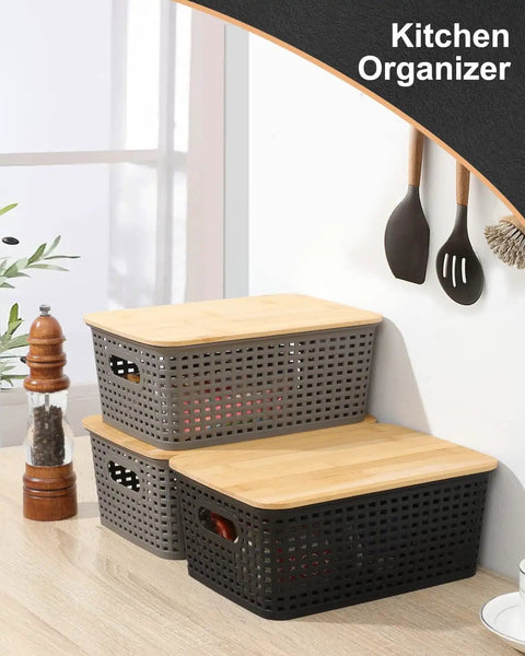 Top Tier Stackable Storage Bins With Bamboo Lids Set Of Six Heavy Duty Bpa Free Plastic Baskets designed for kitchen organization.