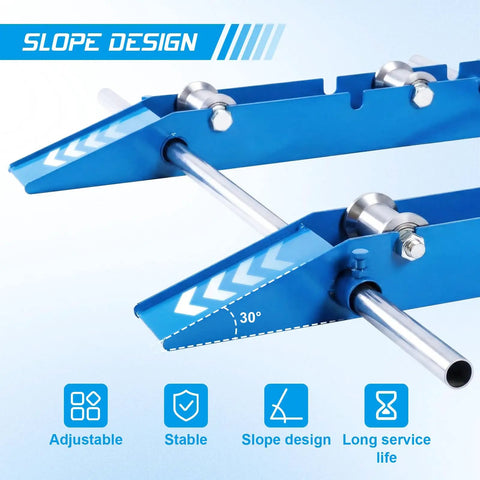 Heavy Duty Cable Drum Roller Stand With Ramp, 3 Ton Capacity, Adjustable Wire Dispenser, showing slope design for stability.