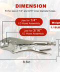 Side view of JZWELD welding hose repair crimping pliers for 1/4 in and 3/16 in I.D. hoses