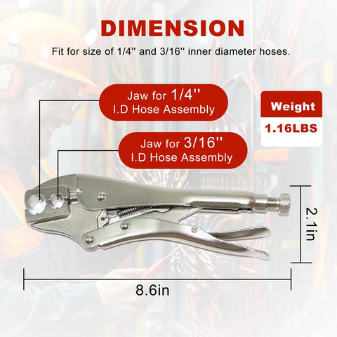 Side view of JZWELD welding hose repair crimping pliers for 1/4 in and 3/16 in I.D. hoses