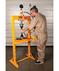 Beefy 12 Ton Hydraulic Shop Press With Adjustable Height Remote Cylinder And Pressure Gauge For Heavy Duty Auto And Metalworking Projects Ideal For Bearing Presses Bushing Installations And Frame Repairs in use