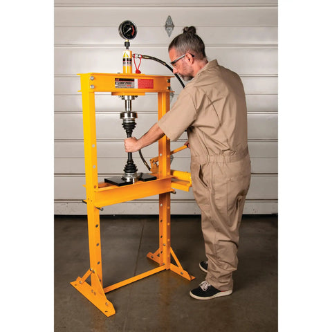 Beefy 12 Ton Hydraulic Shop Press With Adjustable Height Remote Cylinder And Pressure Gauge For Heavy Duty Auto And Metalworking Projects Ideal For Bearing Presses Bushing Installations And Frame Repairs in use