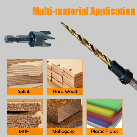 Shop Ready 9 Piece Wood Countersink Drill Bit Set Featuring Titanium Coated Tapered Burrs And Heavy Duty Wood Plug Cutter, 1/4 Inch Hex Shank For Swift Smooth Woodworking, showing bits for multi-material applications.