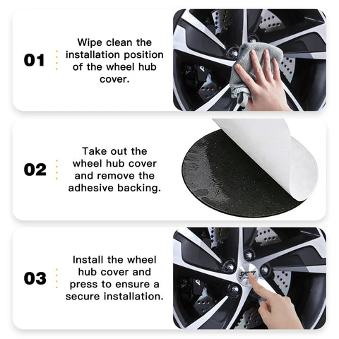 Installation steps for Premium Heavy Duty 4 Pack Wheel Hub Center Caps In Silver Universal 56 Mm Vinyl Hubcap Decals.