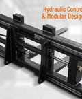 Close-up of Rock Solid Hydraulic Adjustable Sliding Forks showcasing modular design and hydraulic controls for skid steer loaders.