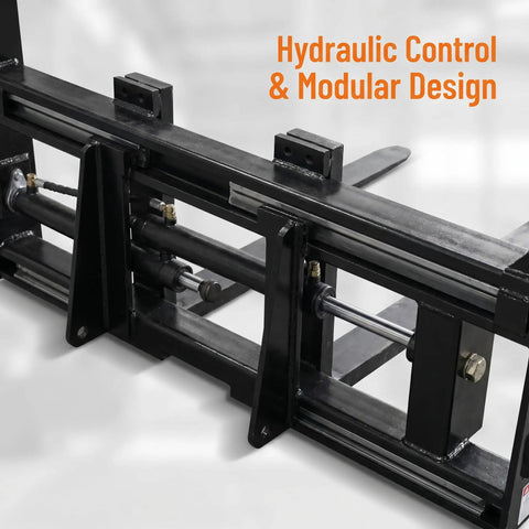 Close-up of Rock Solid Hydraulic Adjustable Sliding Forks showcasing modular design and hydraulic controls for skid steer loaders.