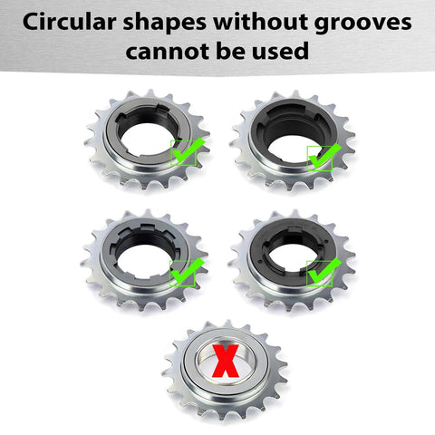 Pro Grade BMX Freewheel Remover Tool 4 Notch For Single Speed Bike Hub Install Remove And Tune Up A Durable Multi Function Tool Built For DIY Riders And Pro Mechanics showing compatible and incompatible gear shapes with grooves and warnings.
