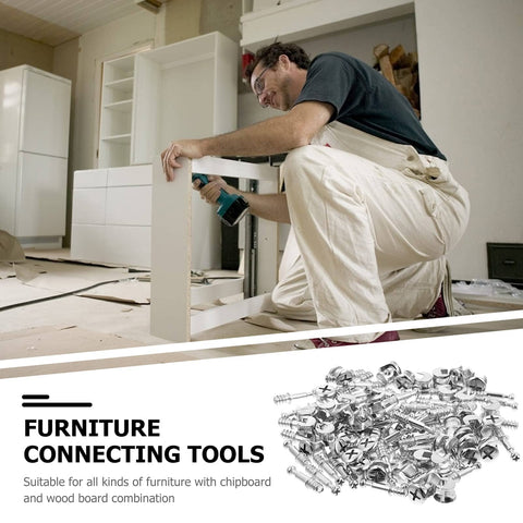 Man using Two In One 50 Pack 28mm Alloy Furniture Connectors Kit With Cam Lock Fittings And Pre Inserted Nuts And Bolts For Cribs And Bunk Beds