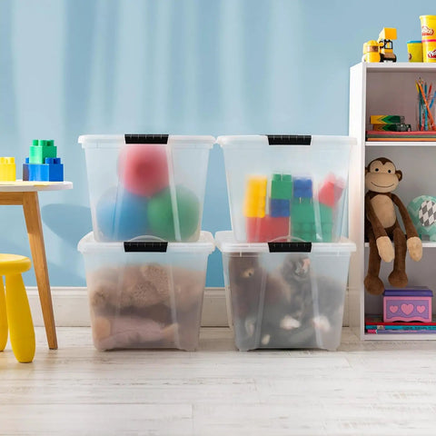 Top Shelf 54 Quart Stackable Storage Bins 12 Pack Clear Plastic Totes With Rock Solid Lids Bpa Free Made In Usa No Drama Stacking Keeps Your Garage Closet And Room Stuff Snug