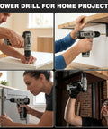 8V Cordless Drill Set With 157 Piece Home Repair Kit And Storage Case in use for DIY home projects and furniture assembly