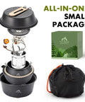 All In One Camping Cookware Gear With 3500W Portable Stove, 1.70L Pot, 1.15L Kettle, 7.5 Inch Frying Pan visible with packaging