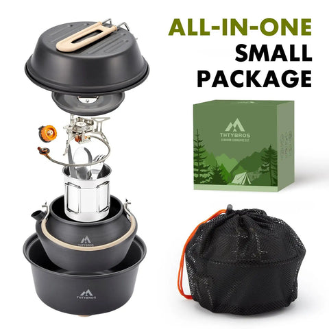 All In One Camping Cookware Gear With 3500W Portable Stove, 1.70L Pot, 1.15L Kettle, 7.5 Inch Frying Pan visible with packaging
