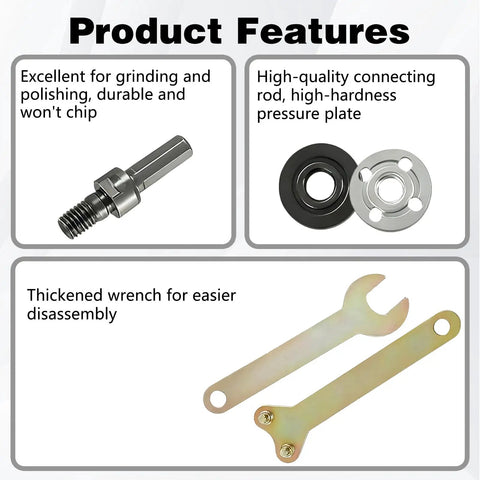 Images of Plug And Play Angle Grinder Connector Kit For Electric Drills With 10 To 13mm Chuck Includes Connecting Rod Arbor Mandrel Adapter Flange Nuts And Wrench For Quick Drill To Grinder Conversion showing features like connecting rod and wrench