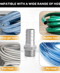 Stainless Steel Hose Barb Fitting 1 Inch Barb To 1 Inch Male NPT For Water Fuel And Air Pack Of 2 shown with different hoses