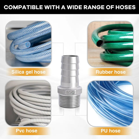 Stainless Steel Hose Barb Fitting 1 Inch Barb To 1 Inch Male NPT For Water Fuel And Air Pack Of 2 shown with different hoses