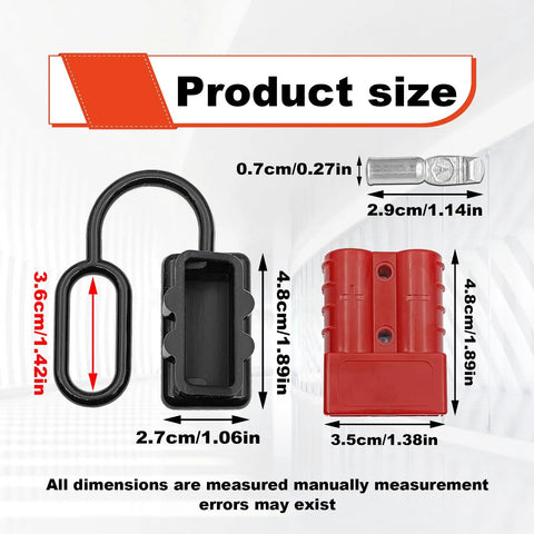 Product size details of Heavy Duty Anderson Connectors 50A Red Quick Connect Kit with copper terminals for automotive use.