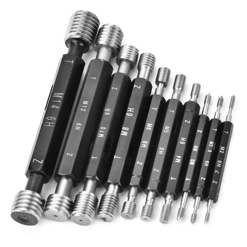 10 Piece Thread Plug Gauge Set With Double End Through Stop For Metric Thread Inspection High Precision Tool visible.