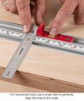 Micro Adjustable Miter Fence Stop System With Combo Track And Quick Flip Stops To Nail Your Cuts On Any Miter Saw Made In Usa Zero Hassle Precision Setup aligning measurement with a ruler.