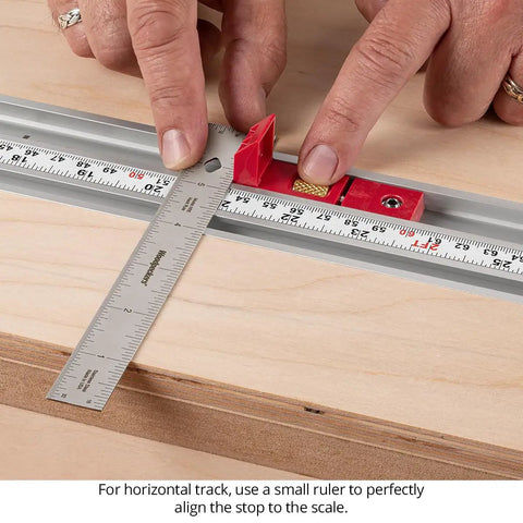 Micro Adjustable Miter Fence Stop System With Combo Track And Quick Flip Stops To Nail Your Cuts On Any Miter Saw Made In Usa Zero Hassle Precision Setup aligning measurement with a ruler.