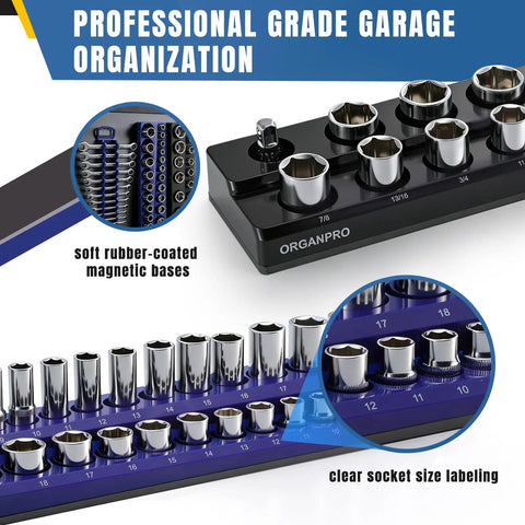 Magnetic Socket And Wrench Organizer Tray Set with nine piece, soft rubber-coated magnetic bases, and clear socket size labeling.