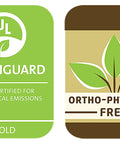 GreenGuard certified and ortho-phthalate free badges for eco-friendly products.