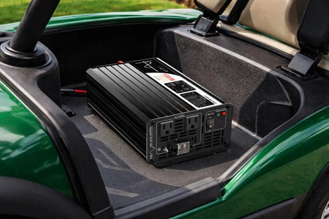 Heavy Duty 1500W Power Inverter 72V To 120V Pure Sine Wave for Golf Cart showcasing clean setup in a green cart.