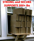 Heavy Duty No-Drill Window AC Bracket supporting blocks, demonstrating 200 lb capacity, mounted on a window frame.